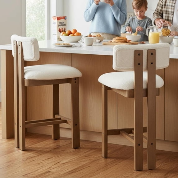 DUOMAY Modern Bar Stools Set of 2, 26'' Counter Height Bar Stools with Back & Solid Wood Legs, Modern Wood Barstools with Sherpa Upholstered Seat for Kitchen Island Homebar, White