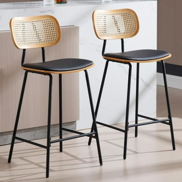 DUOMAY Modern Bar Stools Set of 2, 26" Counter Height Barstools with Rattan Back, PU Upholstered Kitchen Island Chair with Black Metal Legs for Home Bar Coffee Shop, Black