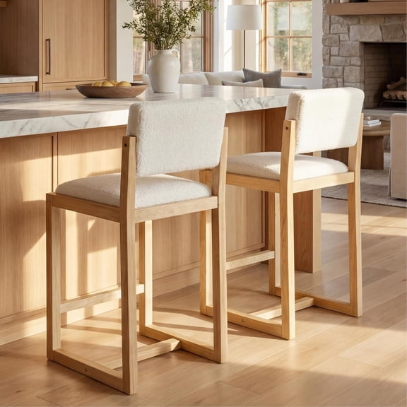 DUOMAY Modern Bar Stools Set of 2, 26" Counter Height Barstools, Sherpa Upholstered Kitchen Island Chair with Light Walnut Color Wood Legs for Home, White
