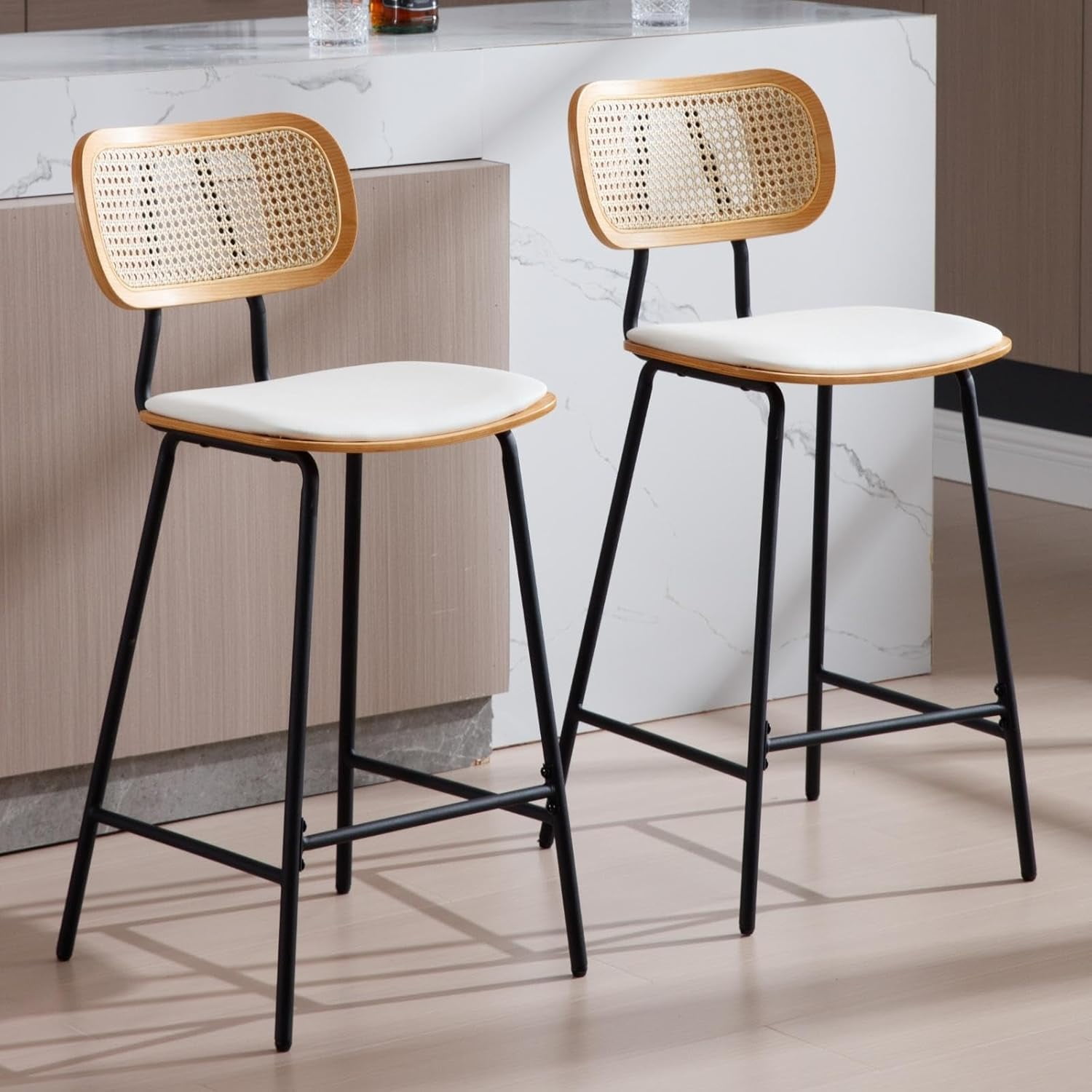 Set Of 4 Rattan Bar Stools With Back & Cushion - 26 Inch Height Farmhouse Kitchen Counter Stools - Cream Linen
