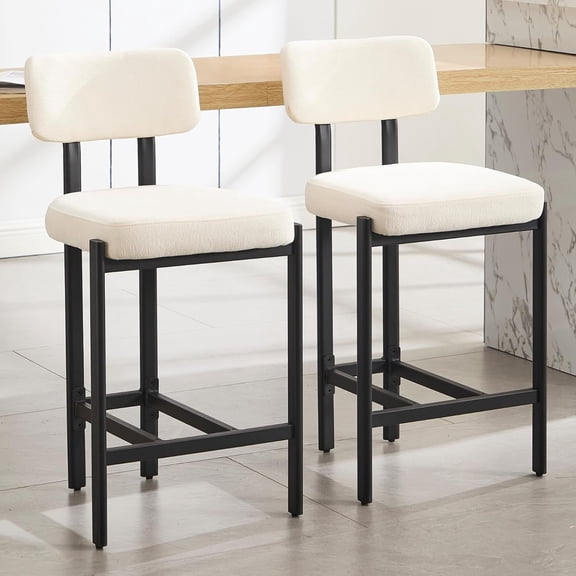 DUOMAY Modern Chenille Counter Stools Set of 2, Upholstered 26" Seat Height Low Barstools with Black Metal Legs Open Back Dining Stools with Footrest for Home Pub Kitchen, Beige