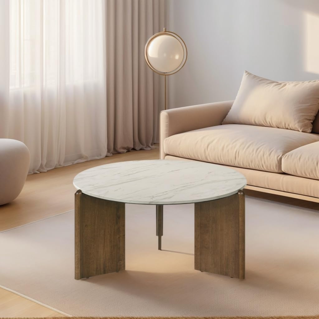 DUOMAY Modern Marble Round Coffee Table, 32'' White Circle Coffee Table ...