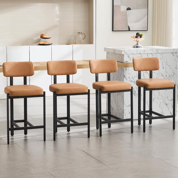 DUOMAY Modern PU Leather Counter Stools Set of 4, Upholstered 26" Seat Height Low Barstools with Black Metal Legs Open Back Dining Stools with Footrest for Home Pub Kitchen, Brown