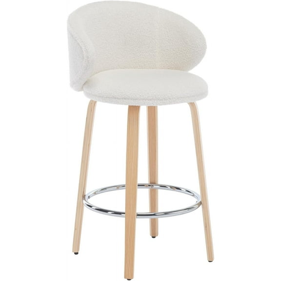 DUOMAY Modern Singel Bar Stool, 26" Counter Height Stool with Barrel Back, White Sherpa Kitchen Island Chair with Wood Legs for Dining Room Bar Coffee Shop