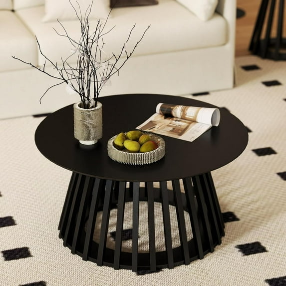 DUOMAY Modern Solid Wood Round Coffee Table with Geometric Base, Sturdy Wood Center Table for Living Room, Lounge, Office, Black Color