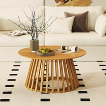 DUOMAY Modern Solid Wood Round Coffee Table with Geometric Base, Sturdy Wood Center Table for Living Room, Lounge, Office, Log Color