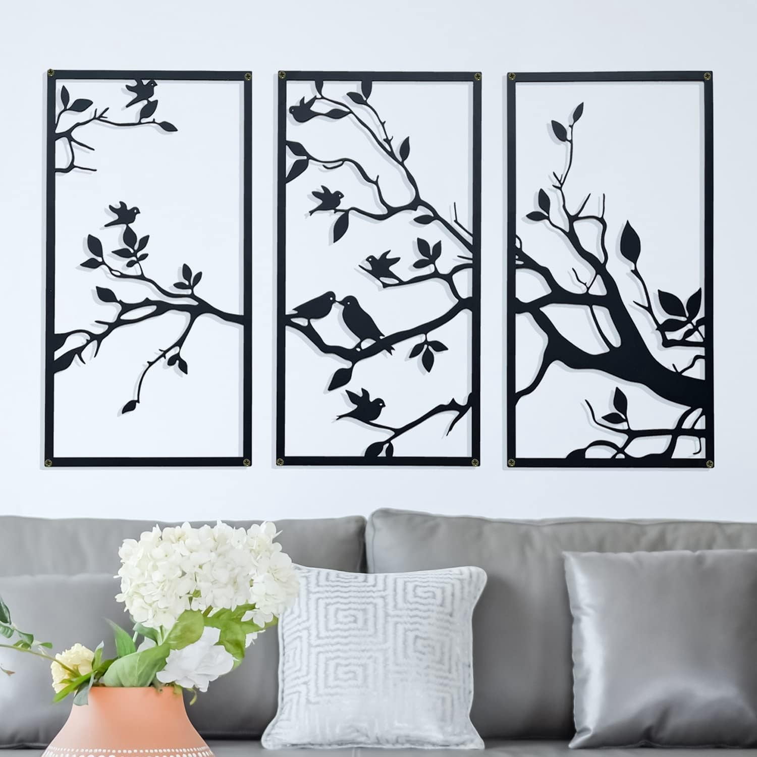 DUOOLN 3 Pcs Birds On Branch Large Metal Wall Art Decor,Black Tree of ...