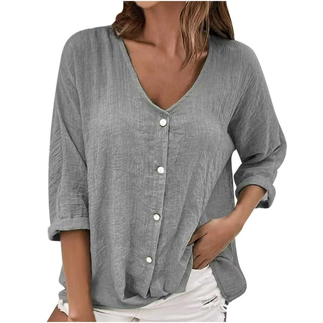 fatyb Women's Oversized Shirts V Neck Button down Shirt Solid Color ...