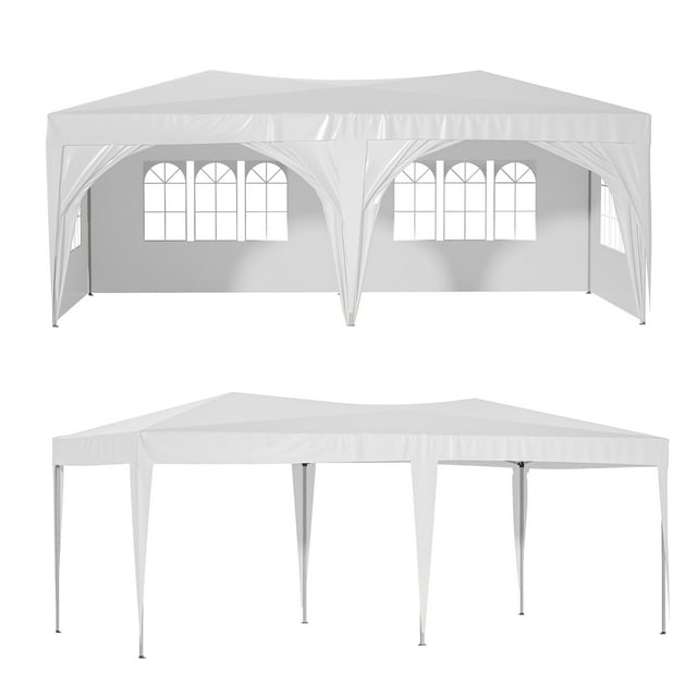 DUOSONG 10'X20' Pop Up Canopy Tent With 6 Sidewalls, Ez Pop Up Outdoor Canopy For Parties, Waterproof Commercial Tent With 3 Adjustable Heights, Carry Bag, 6 Sand Bags, 6 Ropes And 12 Stakes, White