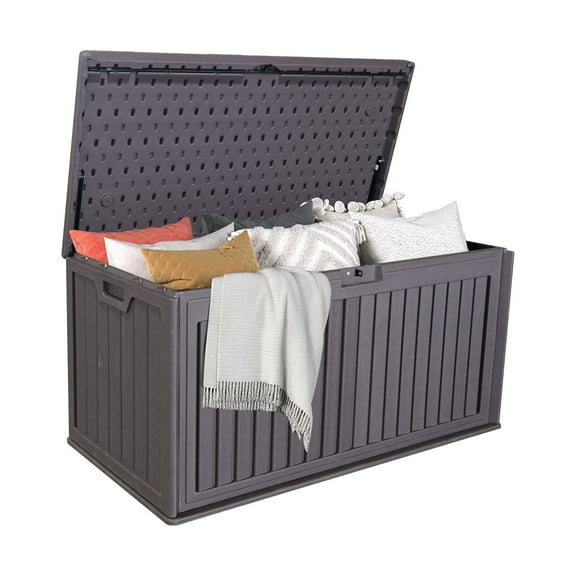 DUOSONG 100 Gallon Resin Outdoor Deck Box Waterproof, Plastic Patio Storage Box With Side Handles, Lockable Storage Containers For Patio Furniture Cushions, Pool Accessories, Garden Tools Brown