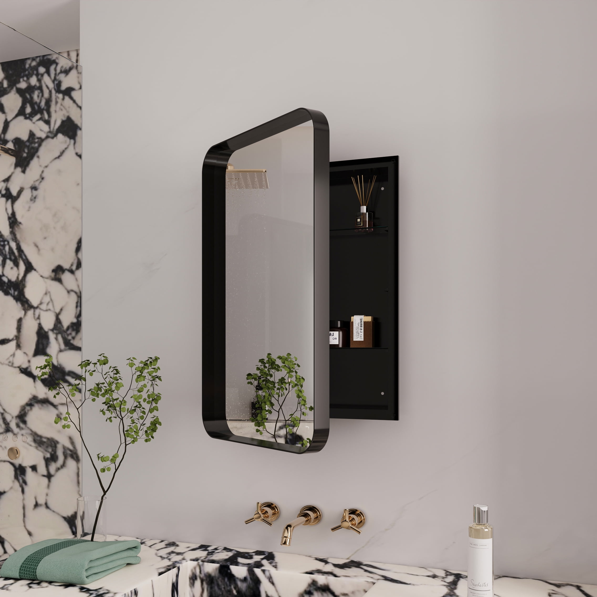 Matte Black Recessed Medicine Cabinet with Mirror, 16"X24" Metal Wall Mirror with Adjustable Shelves Five