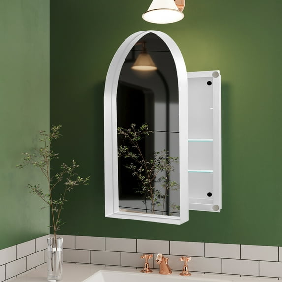 24" X 36" Arched Recessed Medicine Cabinet with Mirror, White Metal Framed Bathroom Storage with Adjustable Shelves