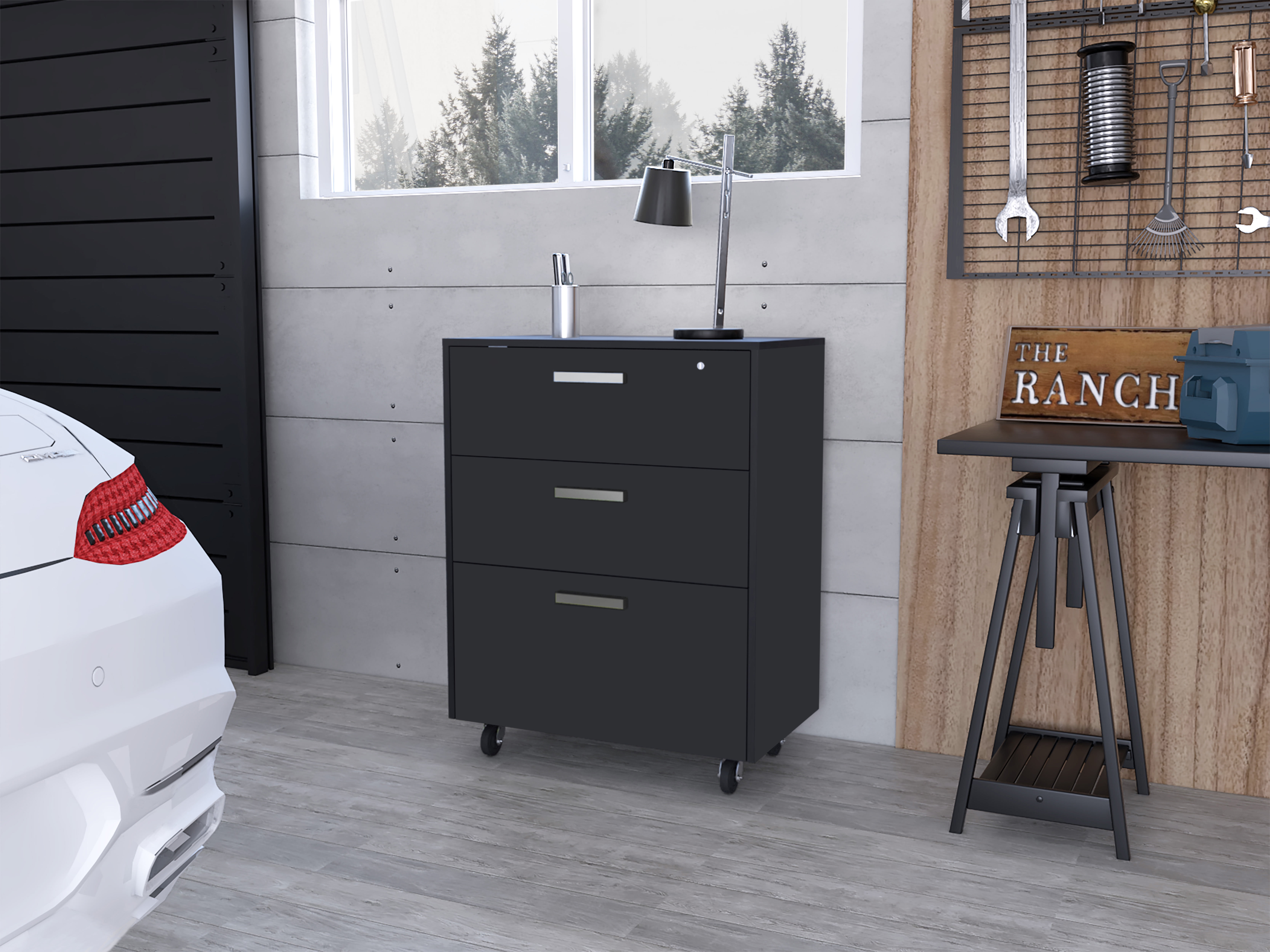 DUOSONG 3 Drawers Storage Cabinet With Casters Lions Office, Black Wengue Finish Gray Particle Board Furniture Office File Cabinets & Storage Cabinets