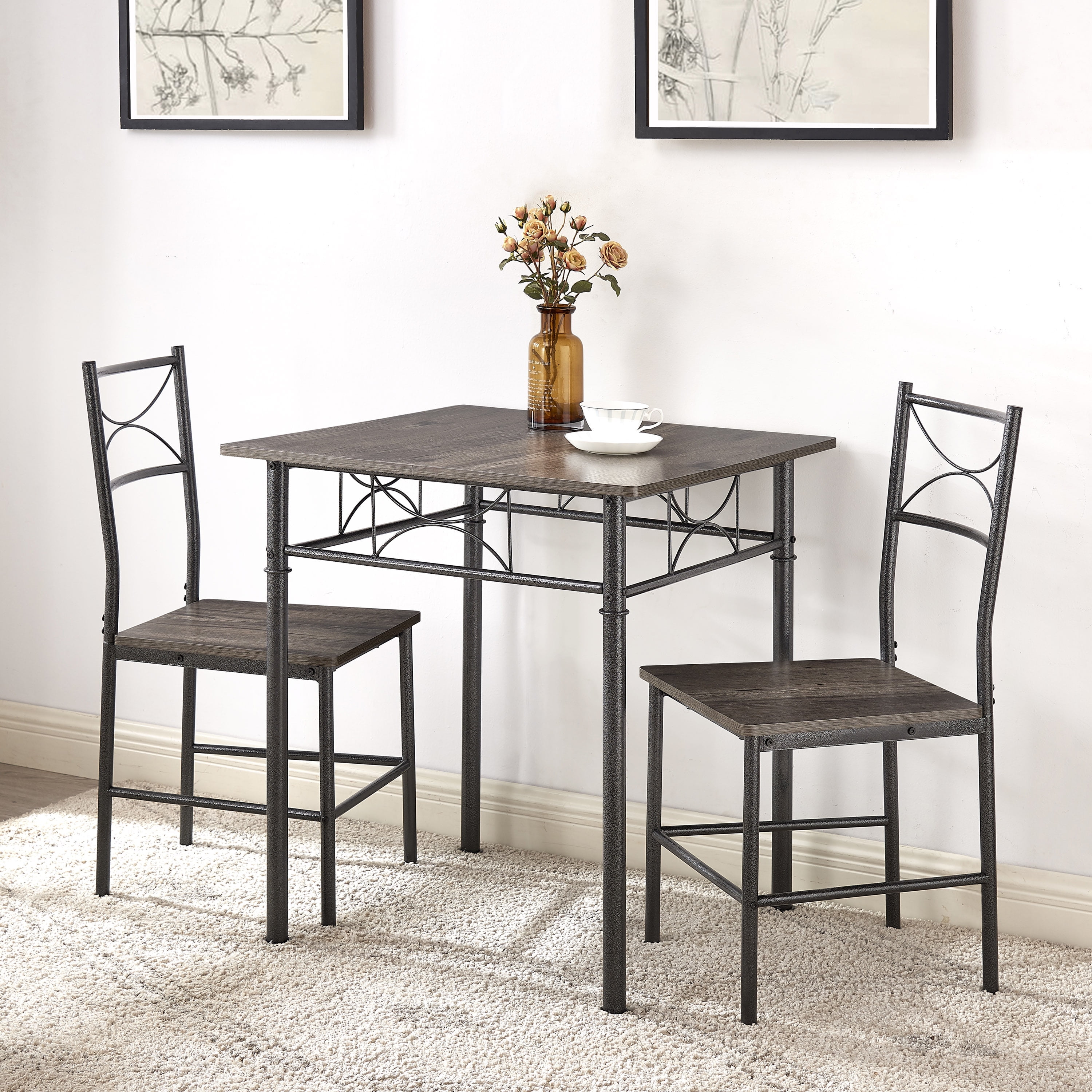 DUOSONG 3-Piece Kitchen Dining Room Table Set Grey Chair Grey Metal ...