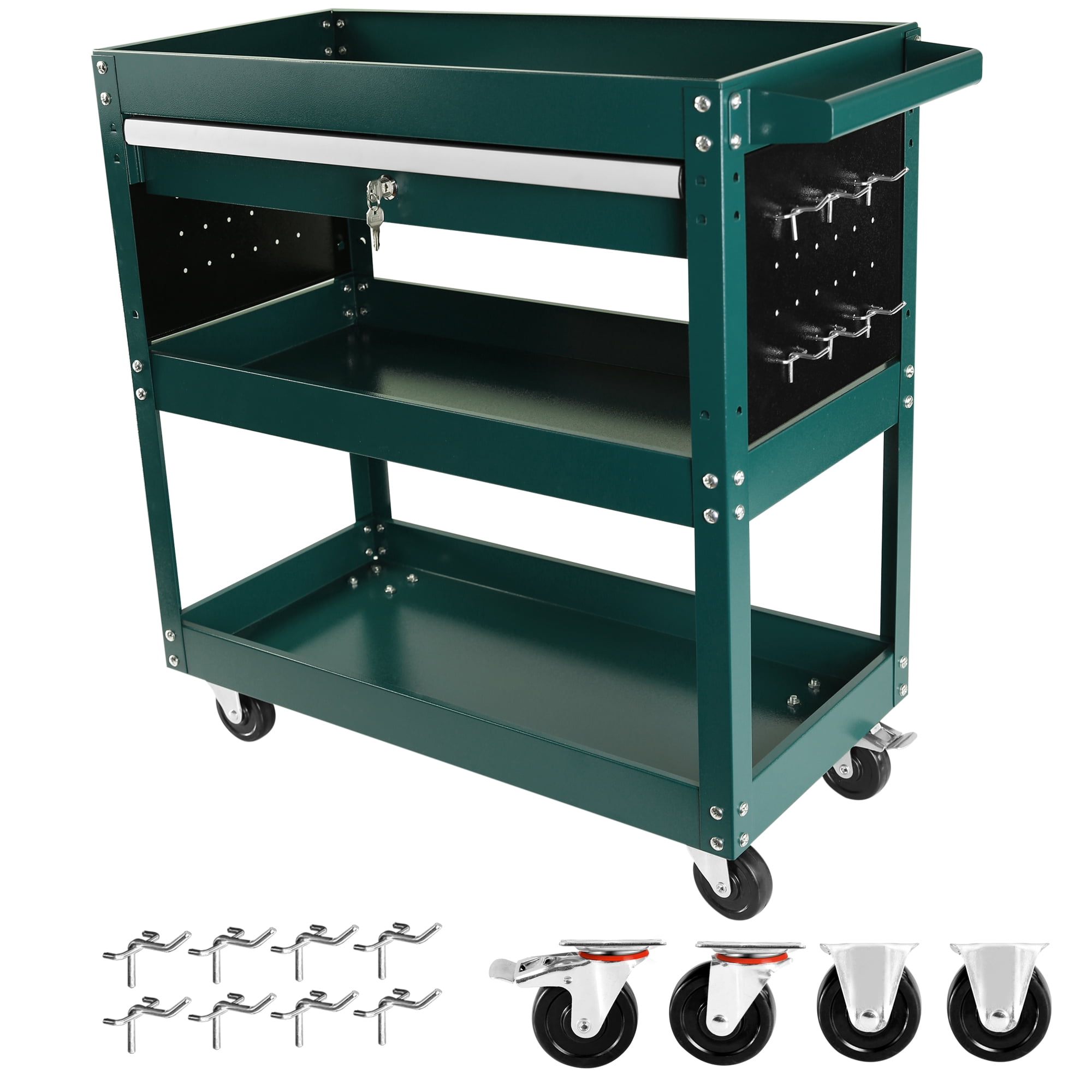DUOSONG 3 Tier Rolling Tool Cart, Heavy Duty Utility Cart Tool Organizer With Storage Drawer, Industrial Commercial Service Tool Cart For Mechanics, Garage, Warehouse & Repair Shop Green Steel Tools