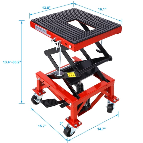 DUOSONG 300 Lbs Hydraulic Motorcycle Scissor Jack Lift Foot Step Wheels For Small Dirt Bikes,Red Color Red Steel Other