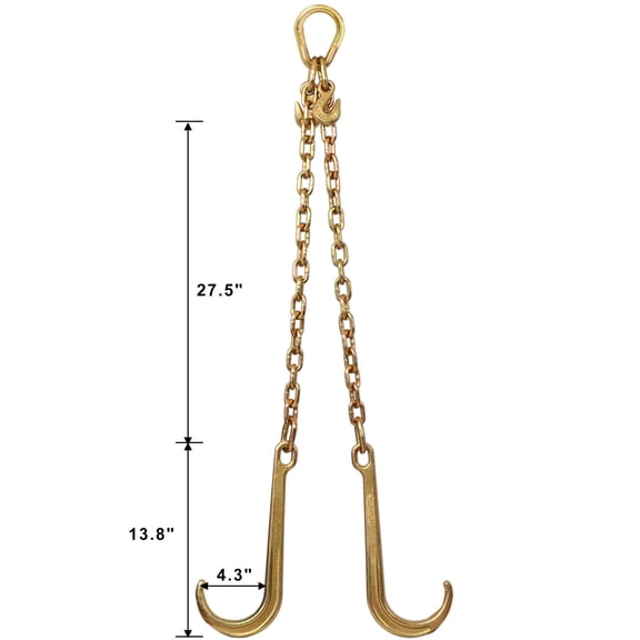 DUOSONG 5/16''X2' G70 J Hook Tow Chain V Bridle With Large Shank J Hooks And Grab Hooks,Flatbed Truck Trailer Safety Tow Chain 4700 Lbs Working Load Limit Gold Steel Other