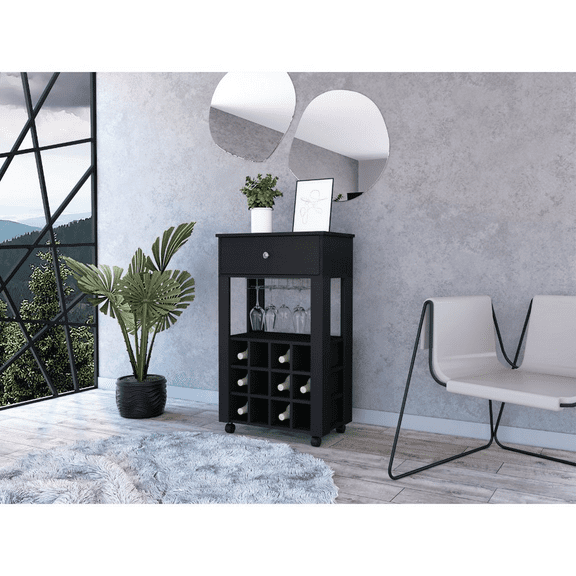 DUOSONG Ambler 1-Drawer 12-Bottle Wine Cabinet, Black Wengue, Furniture Primary Living Space Cabinets