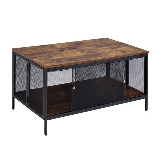 DUOSONG Antique Oak And Black Coffee Table With Sliding Doors, Brown/Black