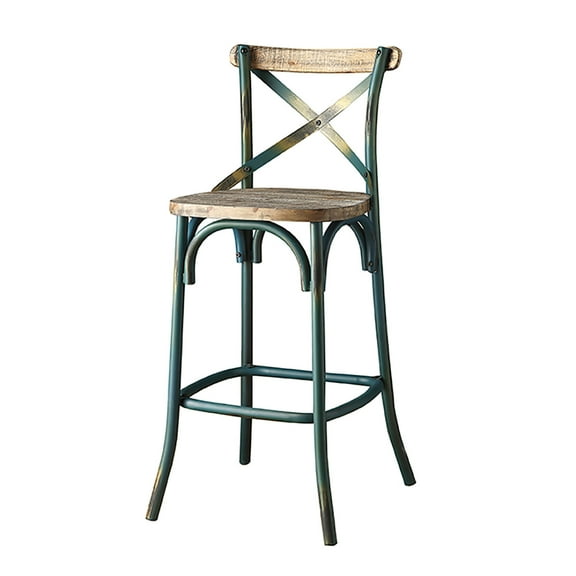 DUOSONG Antique Turquoise and Antique Oak Bar Stool with Cross Back, Turquoise Wood+Metal - Set of 1