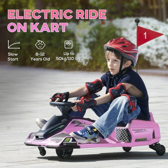 Riding Toys Aosom 12V Electric Go Kart, 5 MPH Drifting Car, Battery Powered Ride on Toy Outdoor with Slow Start, Music, Colorful Lights, for 8-12 Years Old, Pink,Balance Bikes For