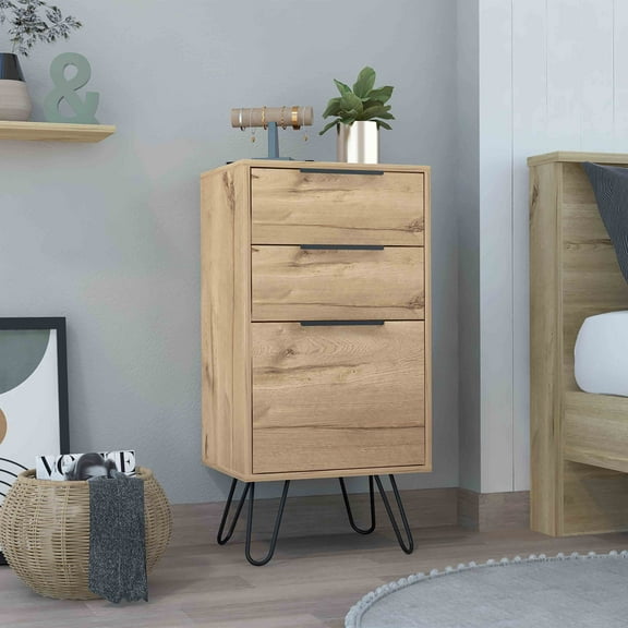 DUOSONG Augusta Light Dresser, Hairpin Legs, Superior Top,Three Drawers -Light Oak Beige Particle Board Furniture Bedroom Furniture Dressers, Chests & Wardrobes