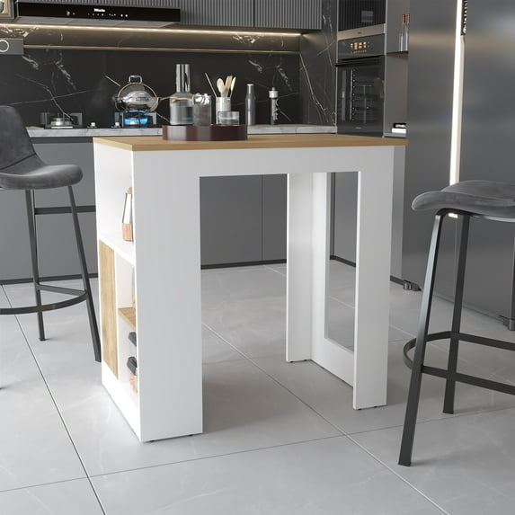 DUOSONG Aurora Kitchen Island With Open Compartment And Cabinet In White And Macadamia White Engineered Wood Furniture Dining Furniture Kitchen Islands & Carts