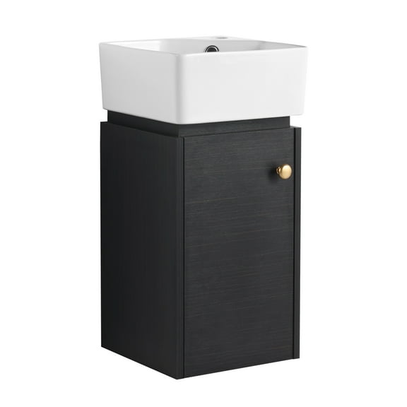 12 Inch Bathroom Vanity with Sink, Black Chestnut Wall Mounted Small Vanity with Soft Close Door, Compact Cabinet for Powder Rooms