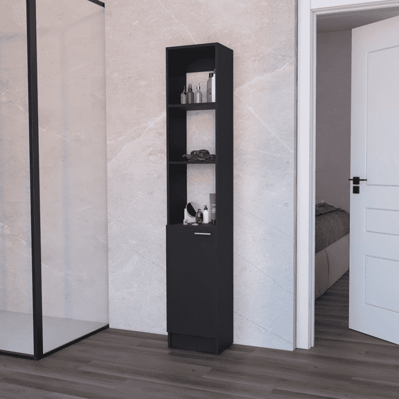 DUOSONG Black Linen Cabinet With 1-Door Black Wood Bath & Faucets Bathroom Storage