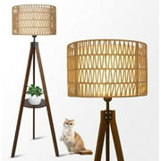 DUOSONG Boho Tripod Floor Lamp With Shelves, Mid Century Wood Standing Lamp With Rattan & Fabric Shades, On/Off Foot Switch, Modern Farmhouse Tall Floor Lamps For Living Room Bedroom Office Brown