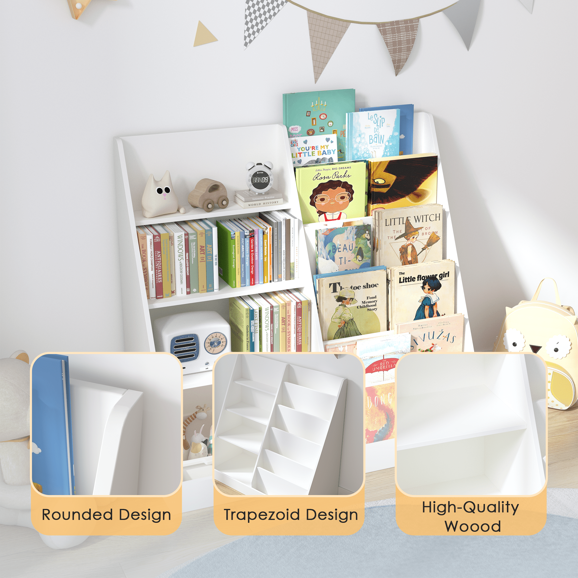 DUOSONG Bookshelf And Toy Storage Organizer, Multifunctional 4 Tier Wooden Book Shelf With Bookcase Display Stand In Room Playroom Nursery For Kids, Children,s White MDF Youth,