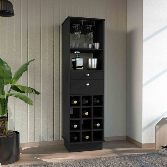 DUOSONG Classic Bar Cabinet, Two Drawers, Twelve Built-In Wine Rack-Black Black Particle Board Kitchen Wine Racks