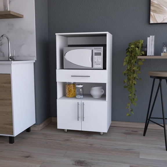 DUOSONG Corsica Pantry Cabinet Microwave Stand, Multi-Function With Drawer White Engineered Wood Furniture Dining Furniture Kitchen Islands & Carts