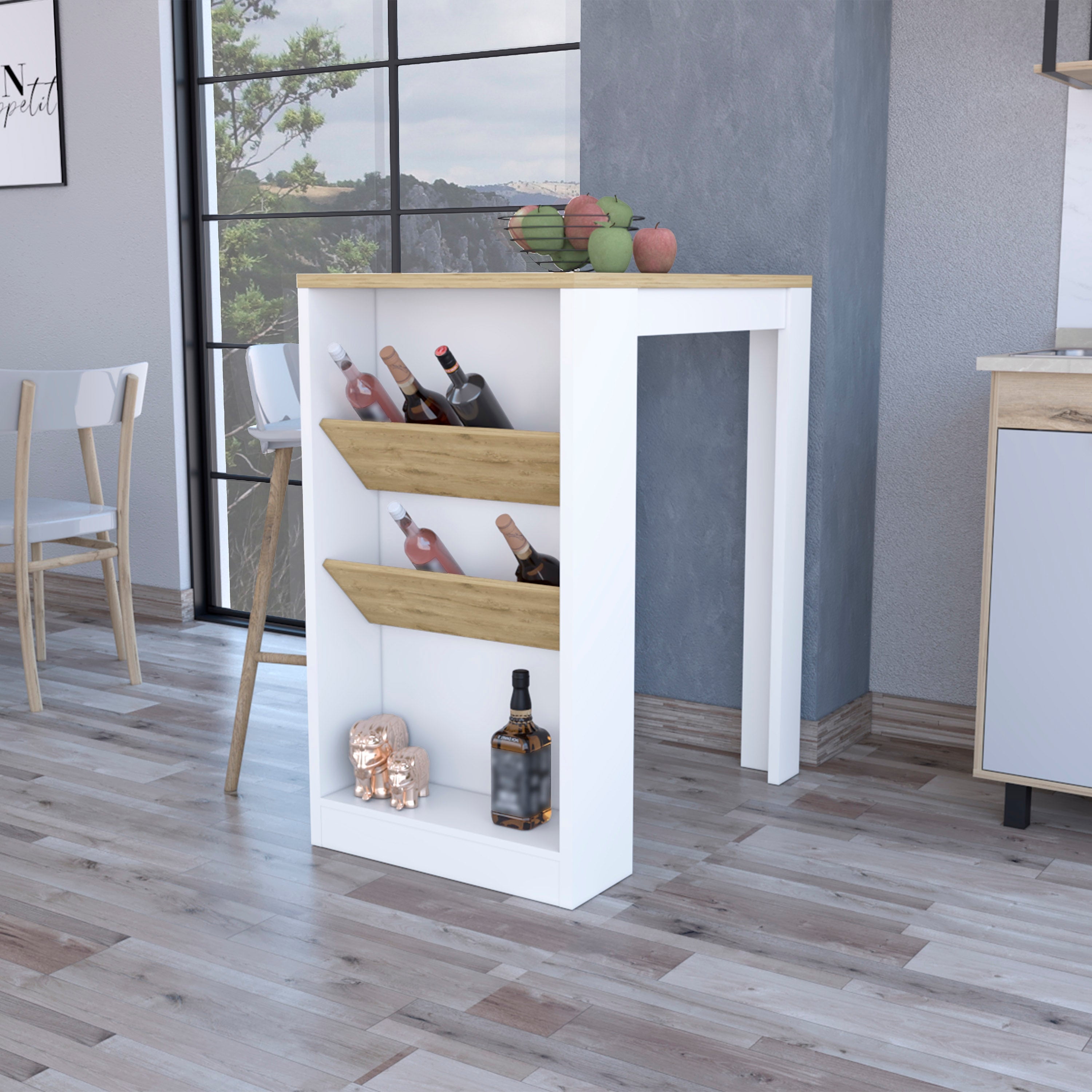 DUOSONG Desoto Wine Storage Pedestal Kitchen Island White And Macadamia ...