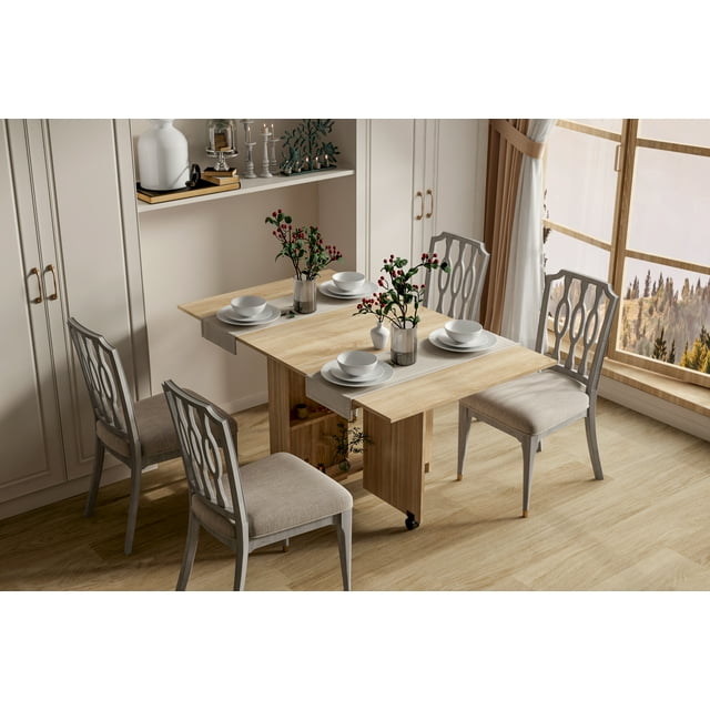 DUOSONG Dfw Folding Dining Table, Versatile Dinner Table With 2 Wheels And 2 Storage Racks, Space Saving Dining Room Table, Folding Kitchen Table, Pear Wood Color Wood Particle Board Dining Dining