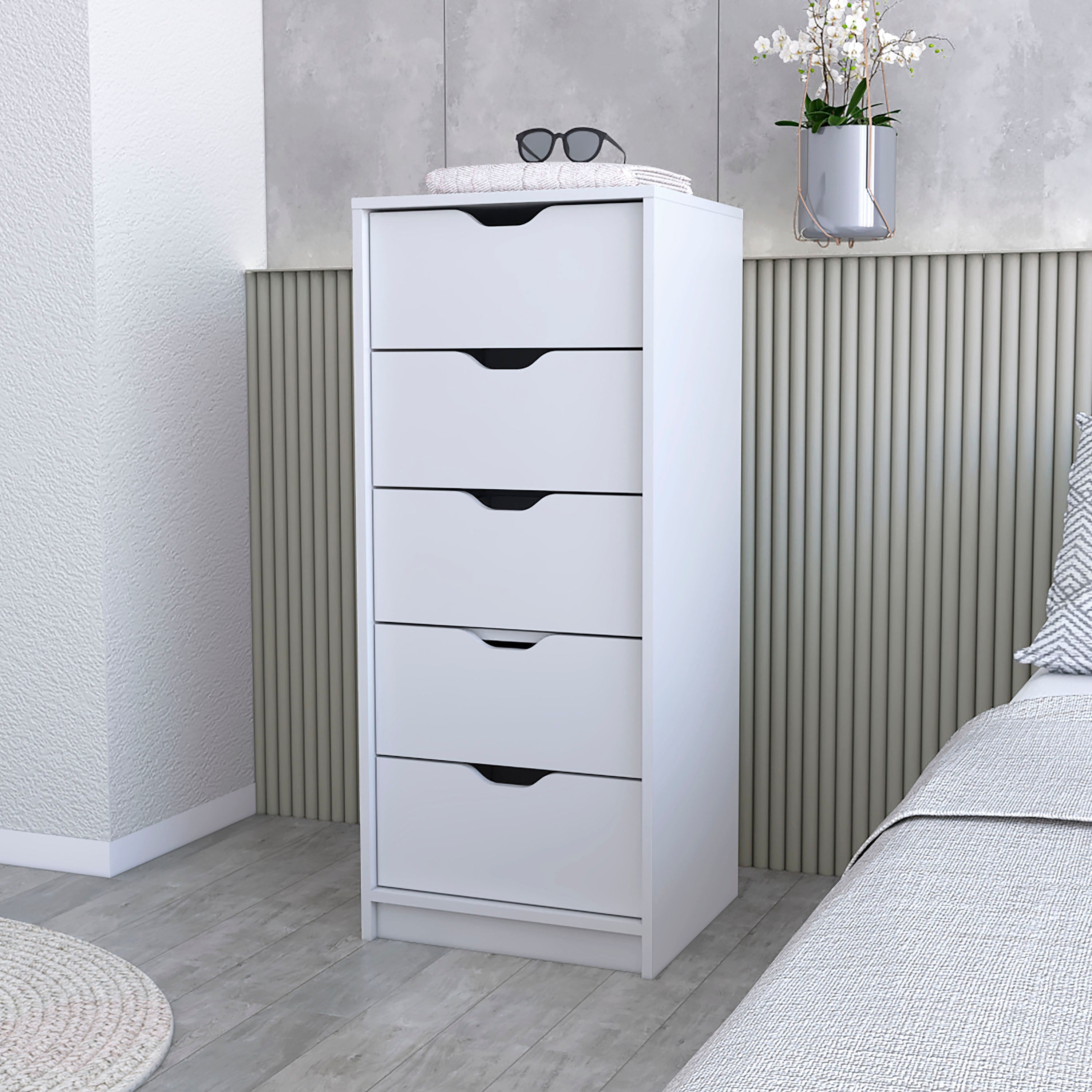DUOSONG Dillon 5 Narrow Drawer Dresser, Tall Chest Of Drawers White ...