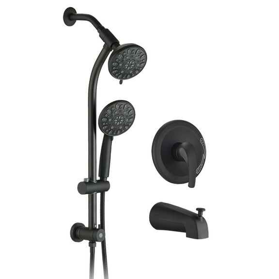 DUOSONG Drill-Free Stainless Steel Slide Bar Combo Rain Showerhead 7-Setting Hand, Dual Shower Head Spa System With Tup Spout (Rough-In Valve Included) Matte Black ABS Bath & Faucets Freestanding Tub