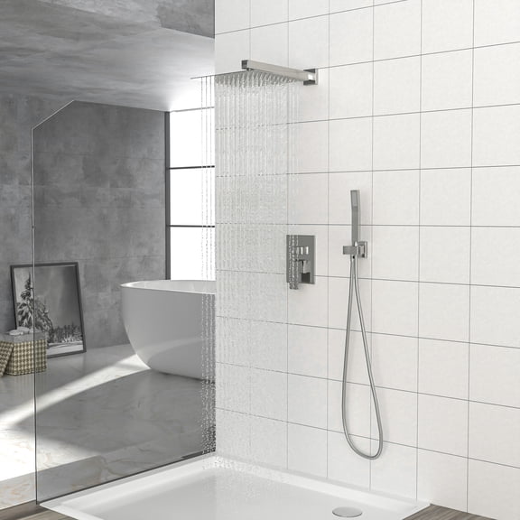 DUOSONG Dual Shower Head - 10 Inch Wall Mounted Square Shower System With Rough-In Valve, Brushed Nickel Brushed Nickel Stainless Steel Bath & Faucets Freestanding Tub Faucets