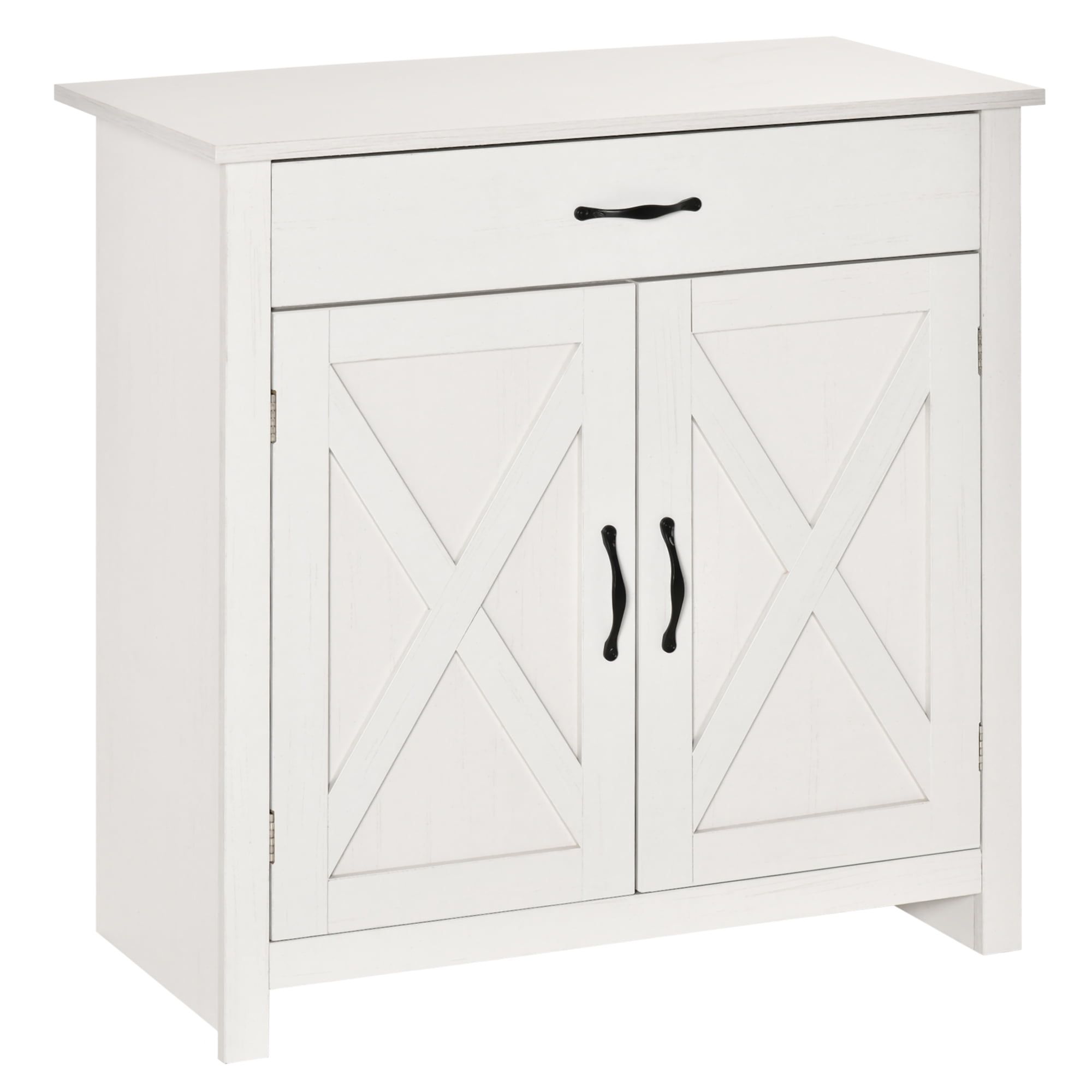 DUOSONG Farmhouse Sideboard Buffet Cabinet, Barn Door Style Kitchen Cabinet, 32" Accent Cabinet For Kitchen, Living Room Or Entryway, White Wash White MDF Dining Servers, Sideboards & Buffets