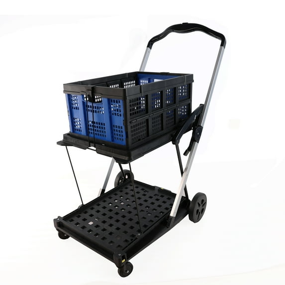 DUOSONG Folding Service Cart With Wheels Double-Decker, Shopping, Library, Office Warehouse Moving Carts Black+Blue Plastic Garden & Outdoor Garden Supplies Garden Carts