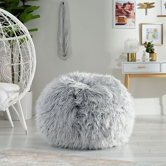 DUOSONG Hawley Silver Gray Faux Fur 3-Foot Bean Bag, Silver Gray Gray faux fur Furniture Primary Living Space Bean Bag Chairs & Lazy Sofa Chair