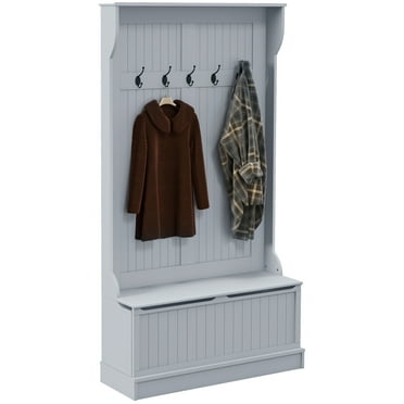 Hall Tree HOMCOM 38" 3-In-1 Entryway Hall Tree with Storage Bench, Coat Rack with Four Hooks and Shoe Storage, Gray,Entryway Coat Rack