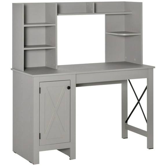 Work Surface HOMCOM Farmhouse Computer Desk with Hutch and Cabinet, Home office Desk with Storage, for Study, Light Grey,Office Workstation