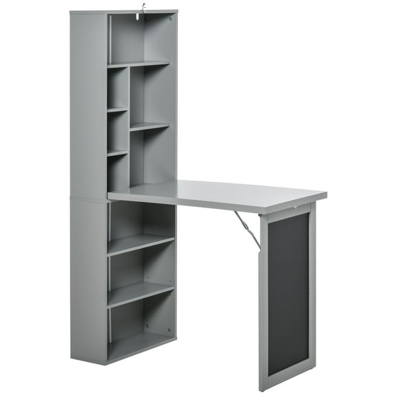 DUOSONG Homcom Fold-Out Convertible Writing Table Wall Mount Desk Cabinet With Blackboard And Side Shelf Multi-Function Home Office Workstation, Grey Grey Particle Board Office Desks & Work Surfaces