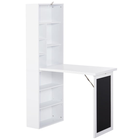Work Surface HOMCOM Fold-out Convertible Writing Table Wall Mount Desk Cabinet with Blackboard and Side Shelf Multi-Function Home Office Workstation, White,Office Workstation