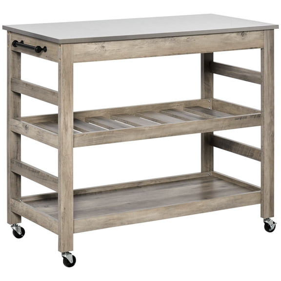 DUOSONG Homcom Rolling Kitchen Cart With Stainless Steel Countertop, 1 Bottom Shelf, 1 Slotted Middle Shelf And 4 Castor Wheels, Grey Grey MDF Furniture Dining Furniture Kitchen Islands & Carts