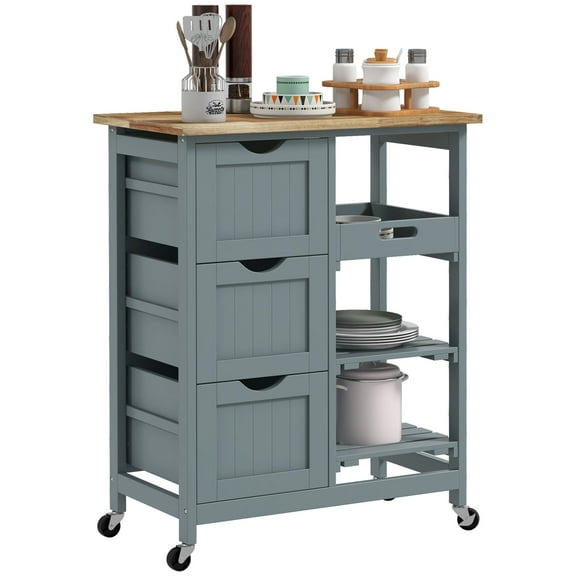 DUOSONG Homcom Rolling Kitchen Island Cart, Bar Serving Cart, Compact Trolley On Wheels With Wood Top, Shelves & Drawers For Home Dining Area, Gray Gray MDF Dining Kitchen Islands & Carts