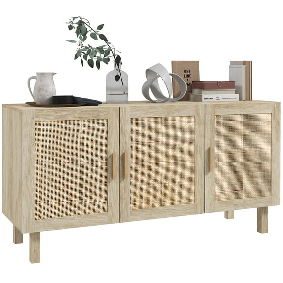DUOSONG Homcom Sideboard Buffet Cabinet, Kitchen Cabinet, Coffee Bar Cabinet With 3 Rattan Doors And Adjustable Shelves, Natural Mixed Natural Particle Board Furniture Primary Living Space Cabinets