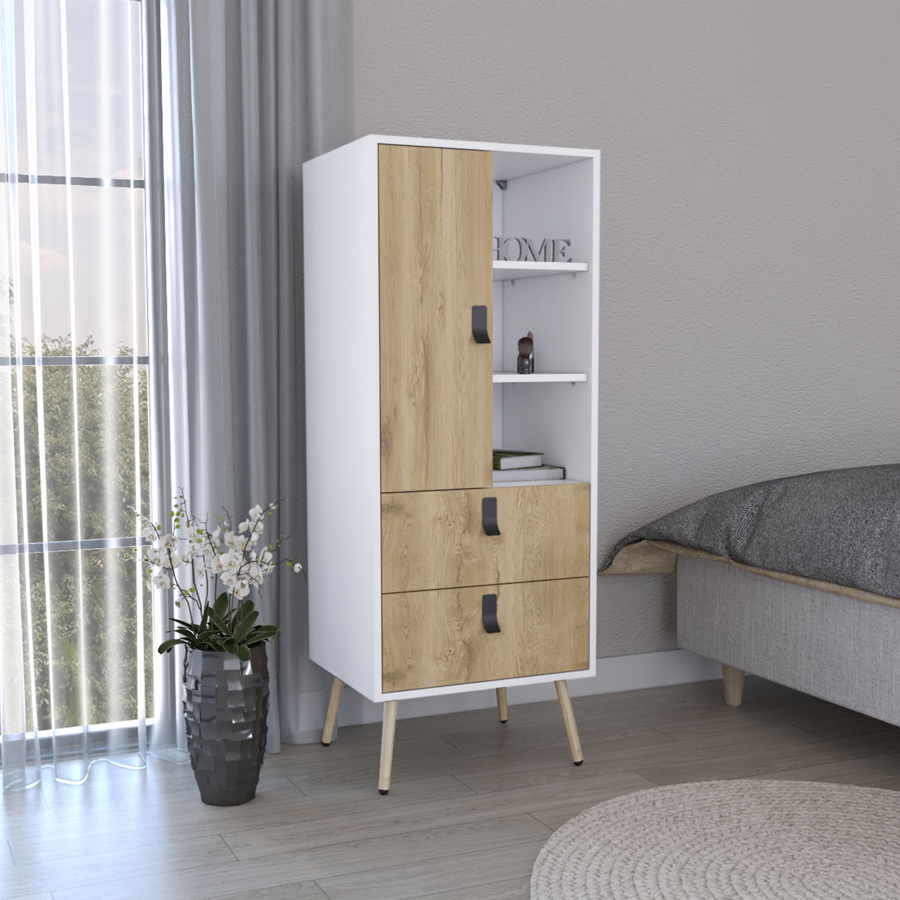 DUOSONG Huna Tall Dresser, Unit With Door, 2 Drawers, And Open Shelves ...