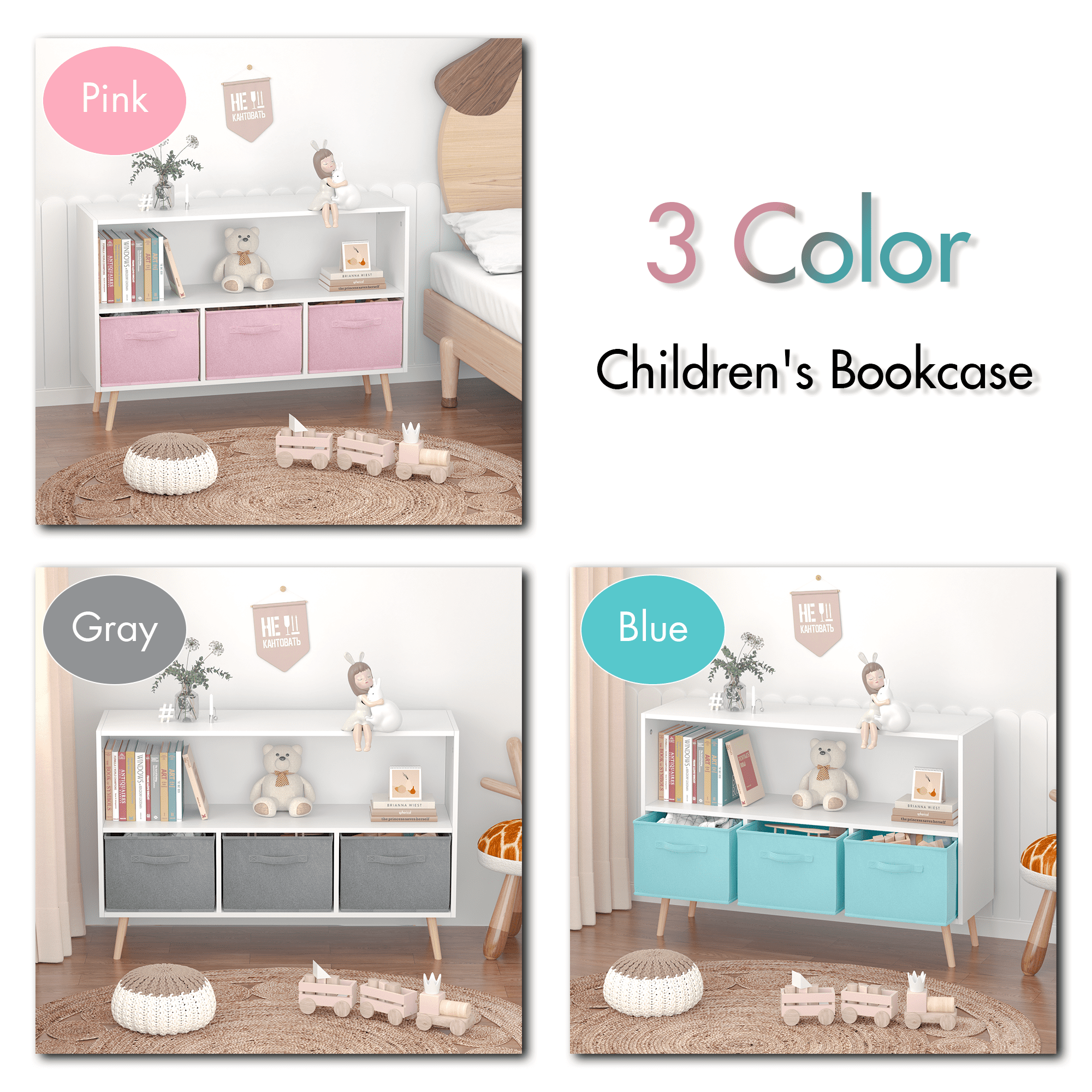 DUOSONG Kids Bookcase With Collapsible Fabric Drawers, Children'S Book Display, Toy Storage Cabinet Organizer, White/Blue White+Blue MDF Furniture Youth